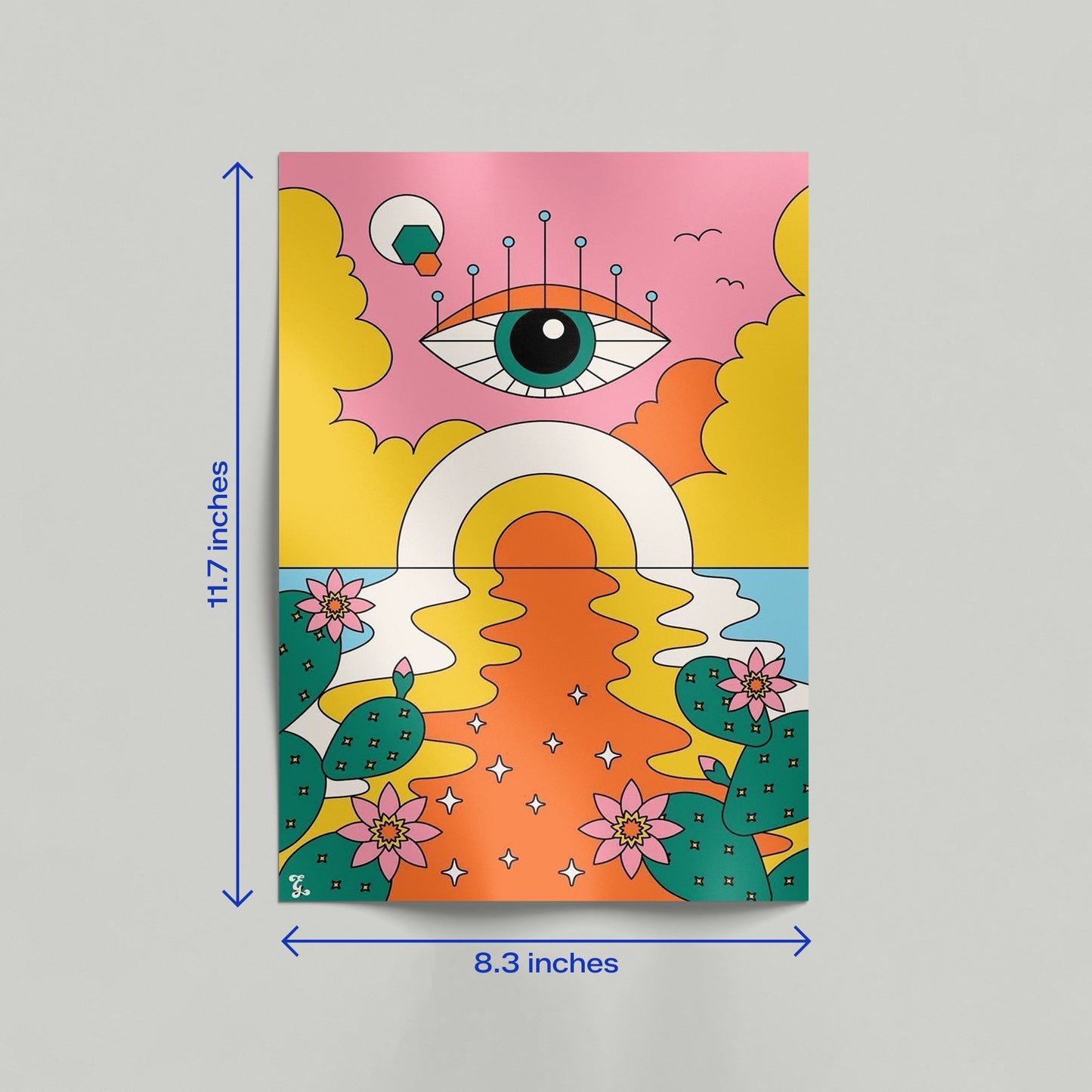 Groovy psychedelic art canvas leaning against a wall in a room featuring a surreal eye and sunset illustration.
