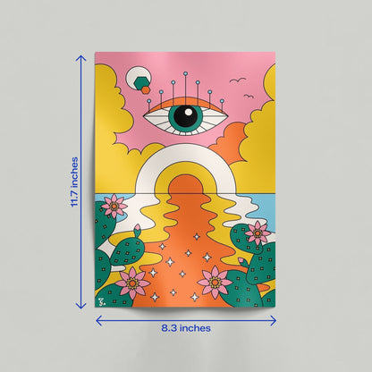 Groovy psychedelic art canvas leaning against a wall in a room featuring a surreal eye and sunset illustration.