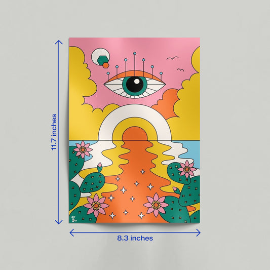 Groovy psychedelic art canvas leaning against a wall in a room featuring a surreal eye and sunset illustration.