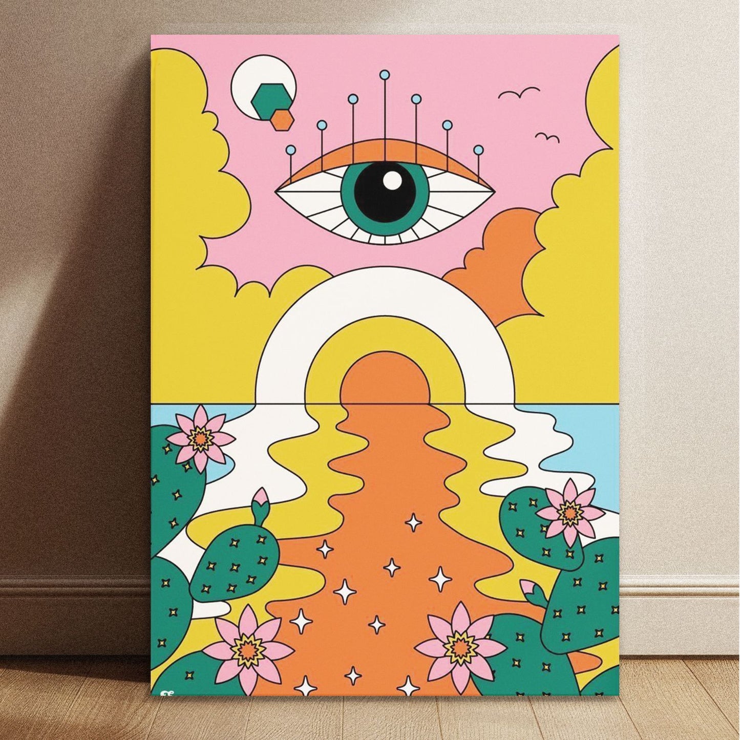 Psychedelic surrealism art poster with 11.7 by 8.3 inch dimensions showing a geometric sunset and mystical eye.