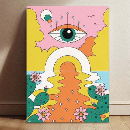 Psychedelic surrealism art poster with 11.7 by 8.3 inch dimensions showing a geometric sunset and mystical eye.