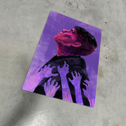 Purple abstract hands silhouette artistic metal poster displayed on a textured grey floor highlighting the matte finish and durable material.