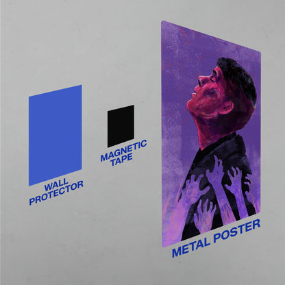 Installation guide for purple abstract metal poster showing the wall protector, magnetic tape, and easy mounting process.