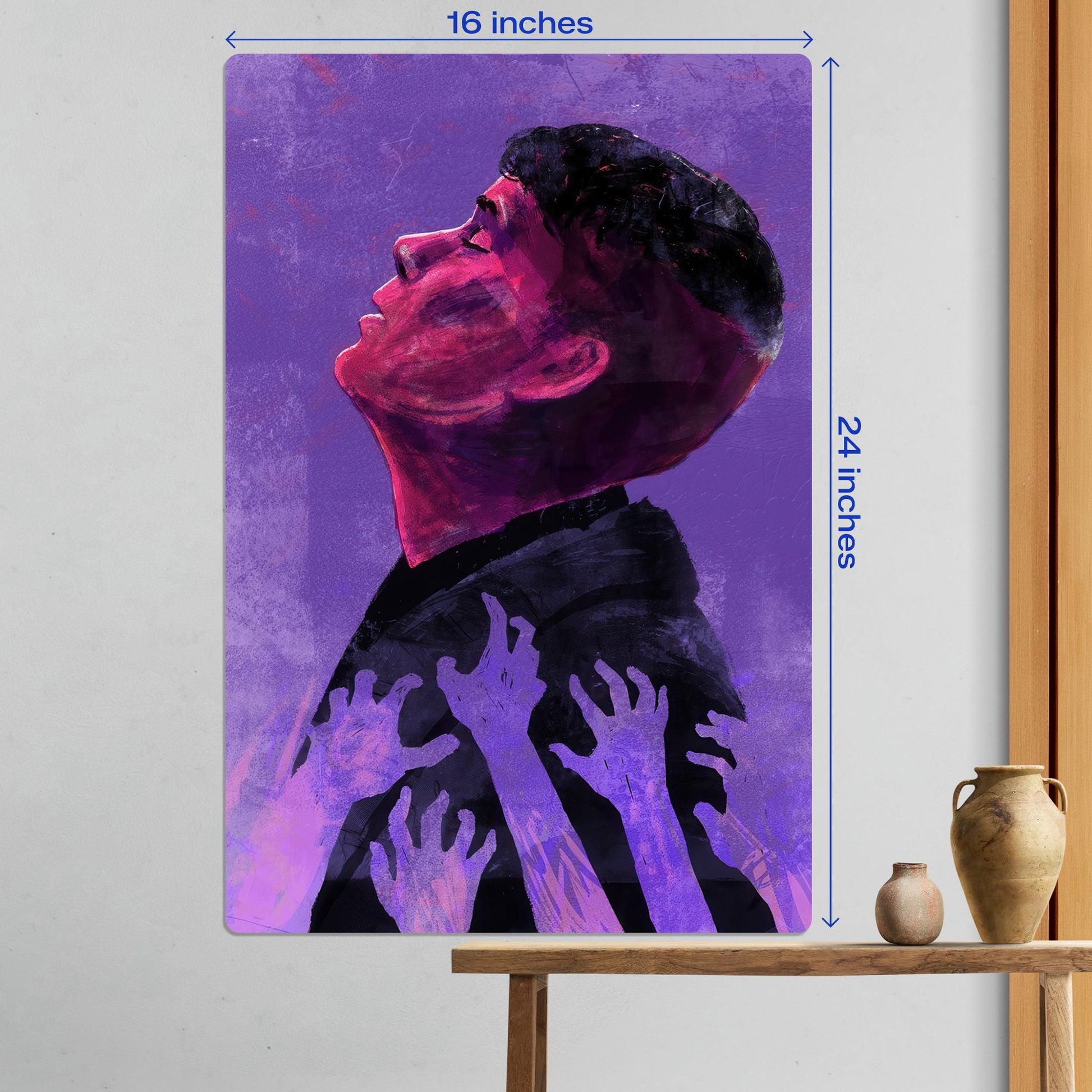 Large 16x24 inch purple abstract metal poster shown as a statement piece in a modern room setting for home decor inspiration.
