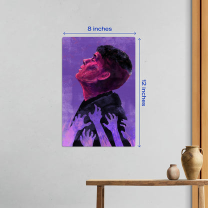 Small 8x12 inch purple abstract metal poster displayed on a wall above a wooden table to demonstrate compact sizing.
