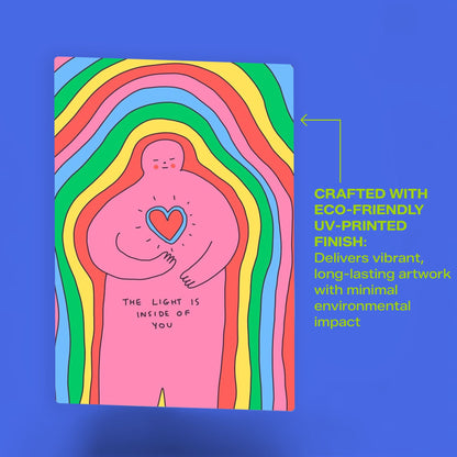 Rainbow Heart Inner Light minimalist metal poster featuring an eco-friendly UV-printed finish for long-lasting color.