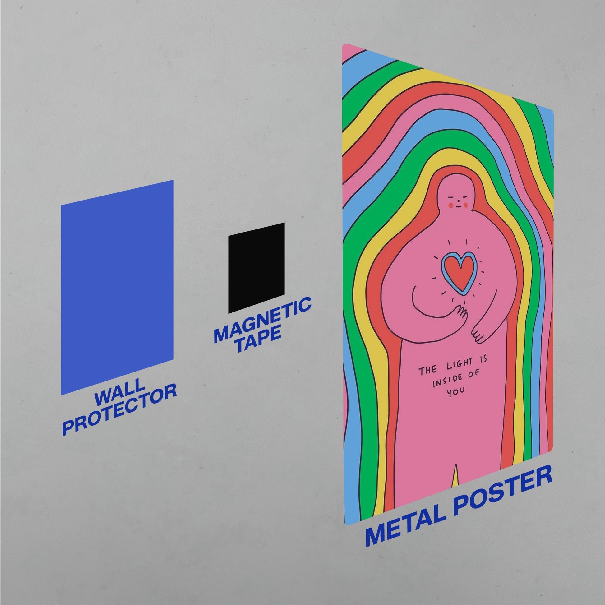 Technical diagram for the Rainbow Heart metal poster showing the magnetic tape and wall protector mounting system.