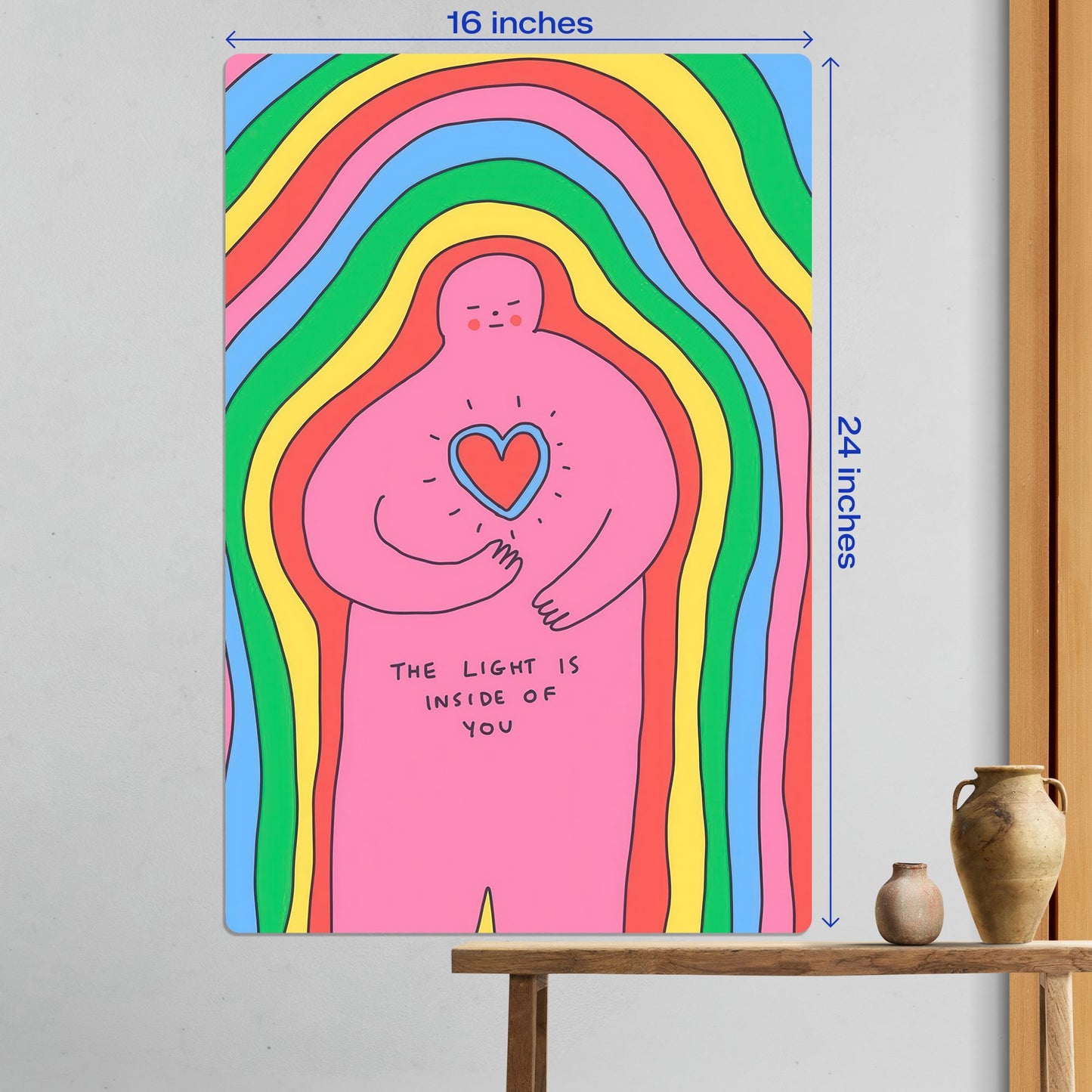 Large 16x24 inch size guide for the Rainbow Heart Inner Light metal poster displayed in a bright modern room.