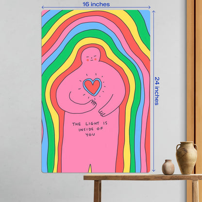 Large 16x24 inch size guide for the Rainbow Heart Inner Light metal poster displayed in a bright modern room.