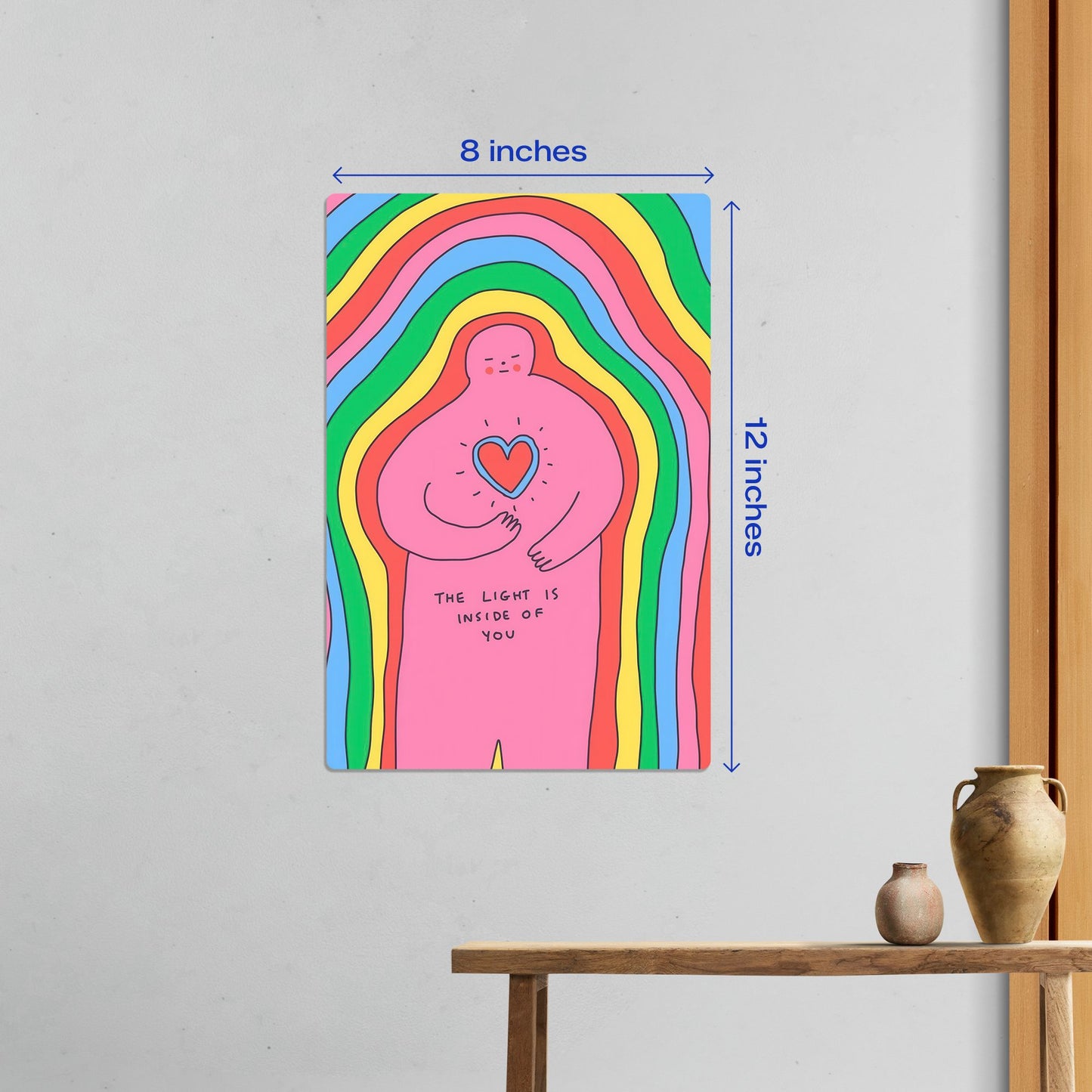 Small 8x12 inch size guide for the Rainbow Heart Inner Light metal poster shown as a minimalist wall accent.
