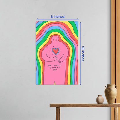 Small 8x12 inch size guide for the Rainbow Heart Inner Light metal poster shown as a minimalist wall accent.