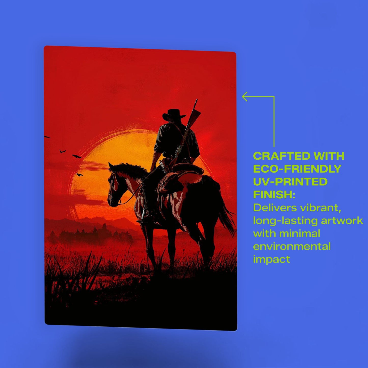 Red Dead Redemption Arthur Morgan Sunset Metal Poster highlighting the eco-friendly UV-printed finish and vivid red hues