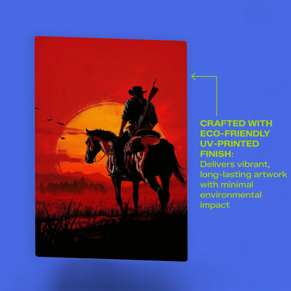 Red Dead Redemption Arthur Morgan Sunset Metal Poster highlighting the eco-friendly UV-printed finish and vivid red hues