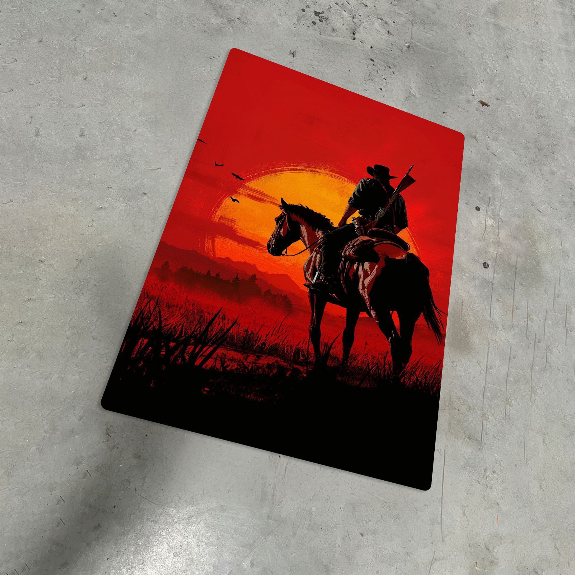 Red Dead Redemption Arthur Morgan Sunset Metal Poster showcasing the durable material and sleek matte texture on a metal surface