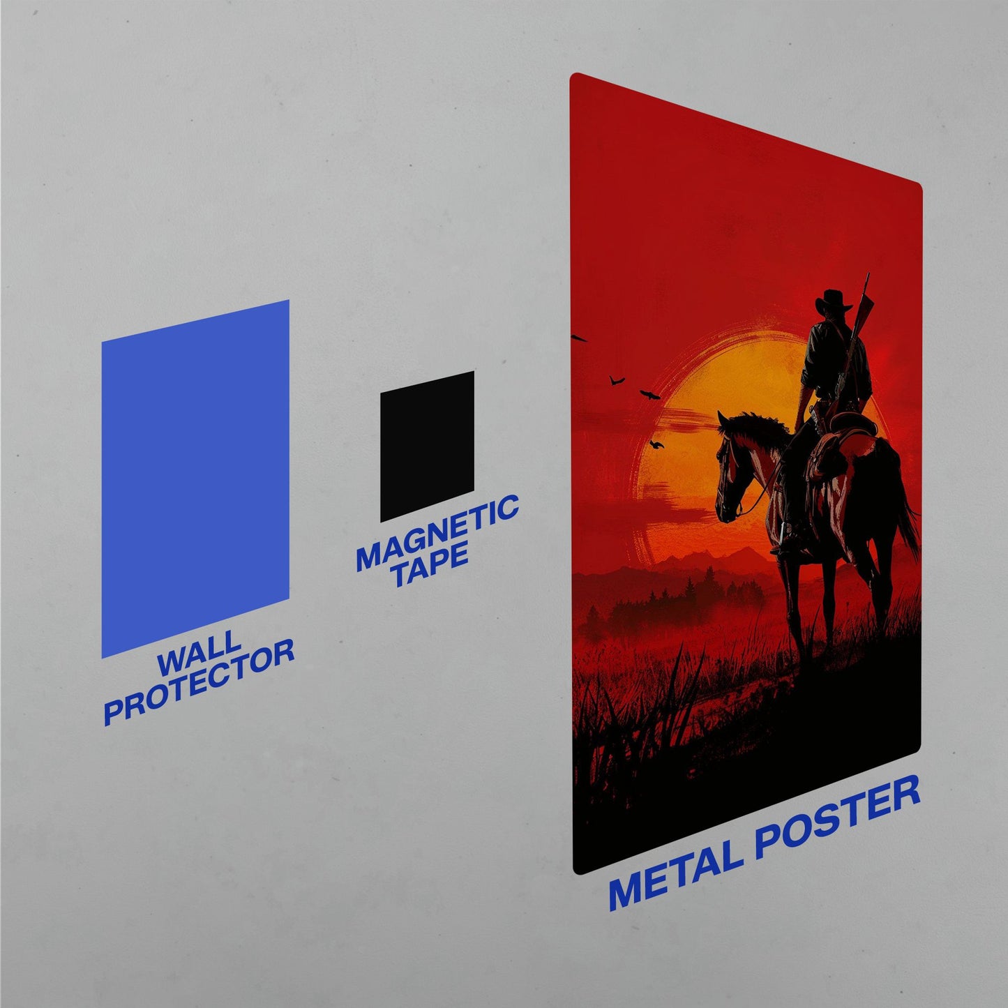 Red Dead Redemption Arthur Morgan Sunset Metal Poster installation guide featuring the damage-free wall protector and magnetic tape