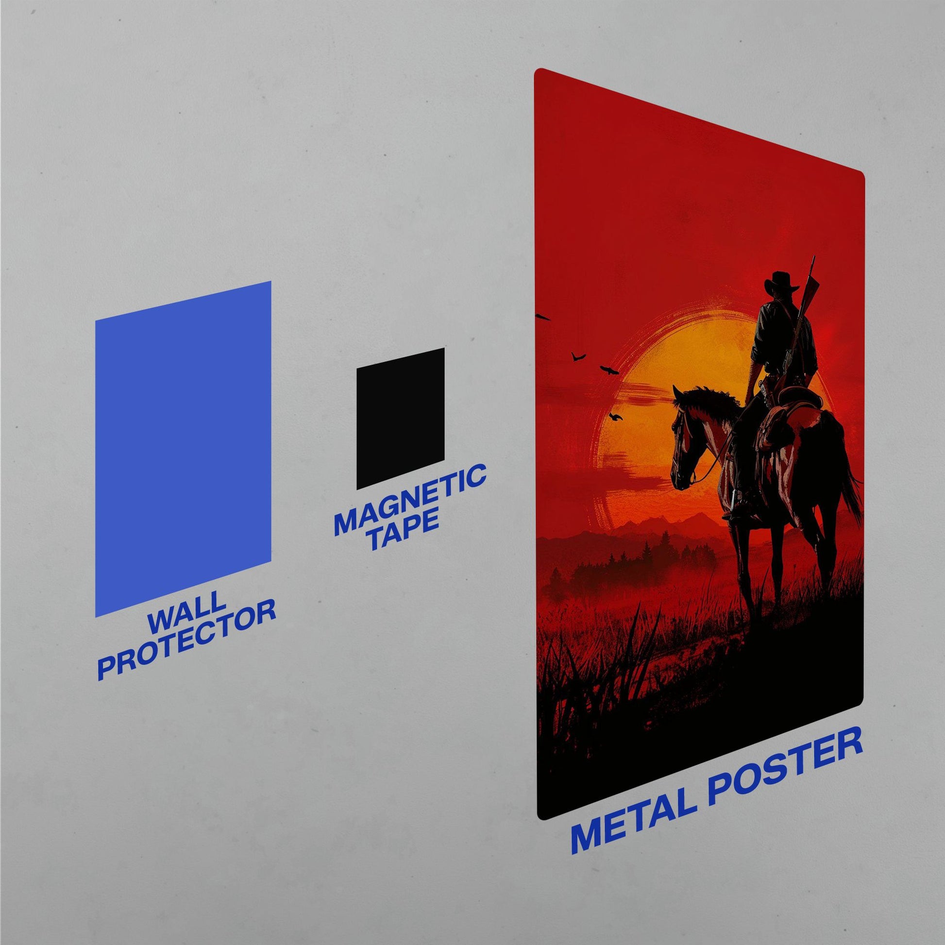 Red Dead Redemption Arthur Morgan Sunset Metal Poster installation guide featuring the damage-free wall protector and magnetic tape