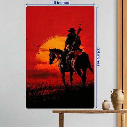 Red Dead Redemption Arthur Morgan Sunset Metal Poster largest 16x24 option making a bold statement in a living room