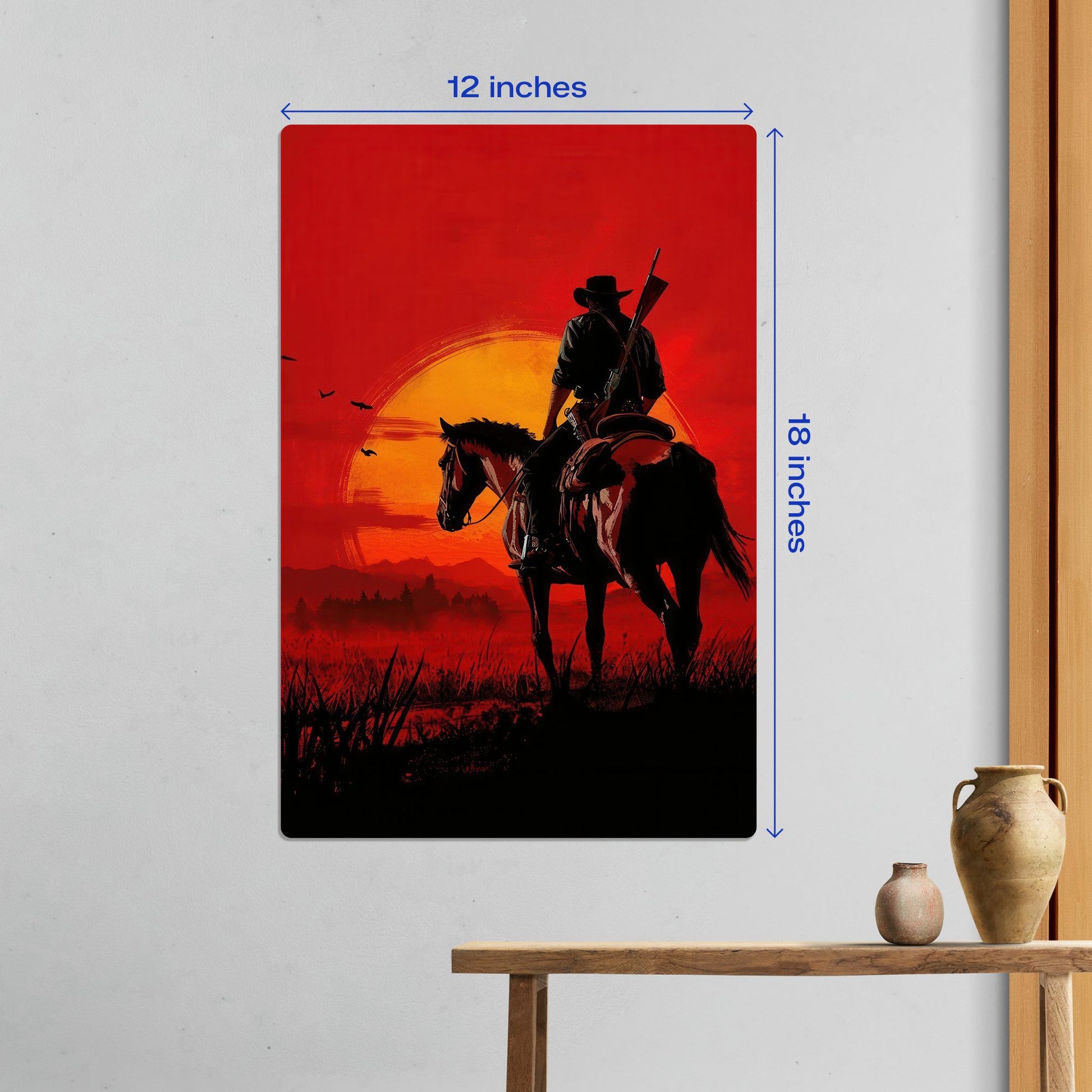Red Dead Redemption Arthur Morgan Sunset Metal Poster medium 12x18 scale comparison in a minimalist home interior