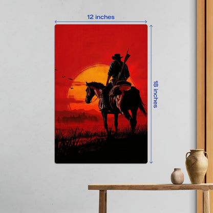 Red Dead Redemption Arthur Morgan Sunset Metal Poster medium 12x18 scale comparison in a minimalist home interior