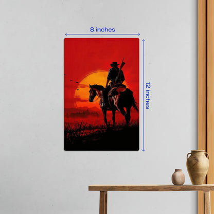 Red Dead Redemption Arthur Morgan Sunset Metal Poster shown in small 8x12 size hanging above a wooden side table