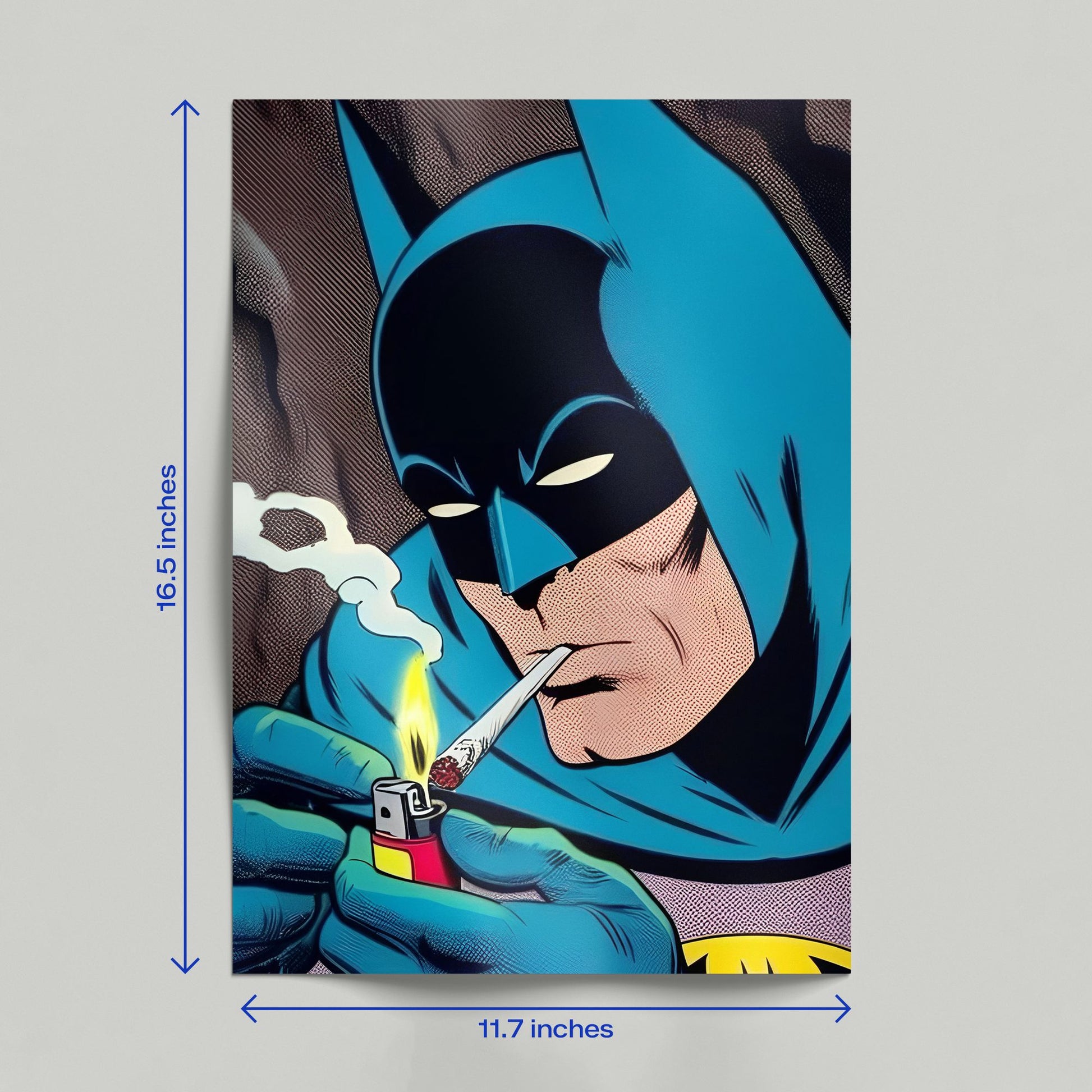 Hand holding a retro Batman comic art poster featuring a gritty illustration of the Dark Knight smoking.