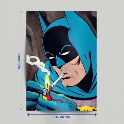 Hand holding a retro Batman comic art poster featuring a gritty illustration of the Dark Knight smoking.