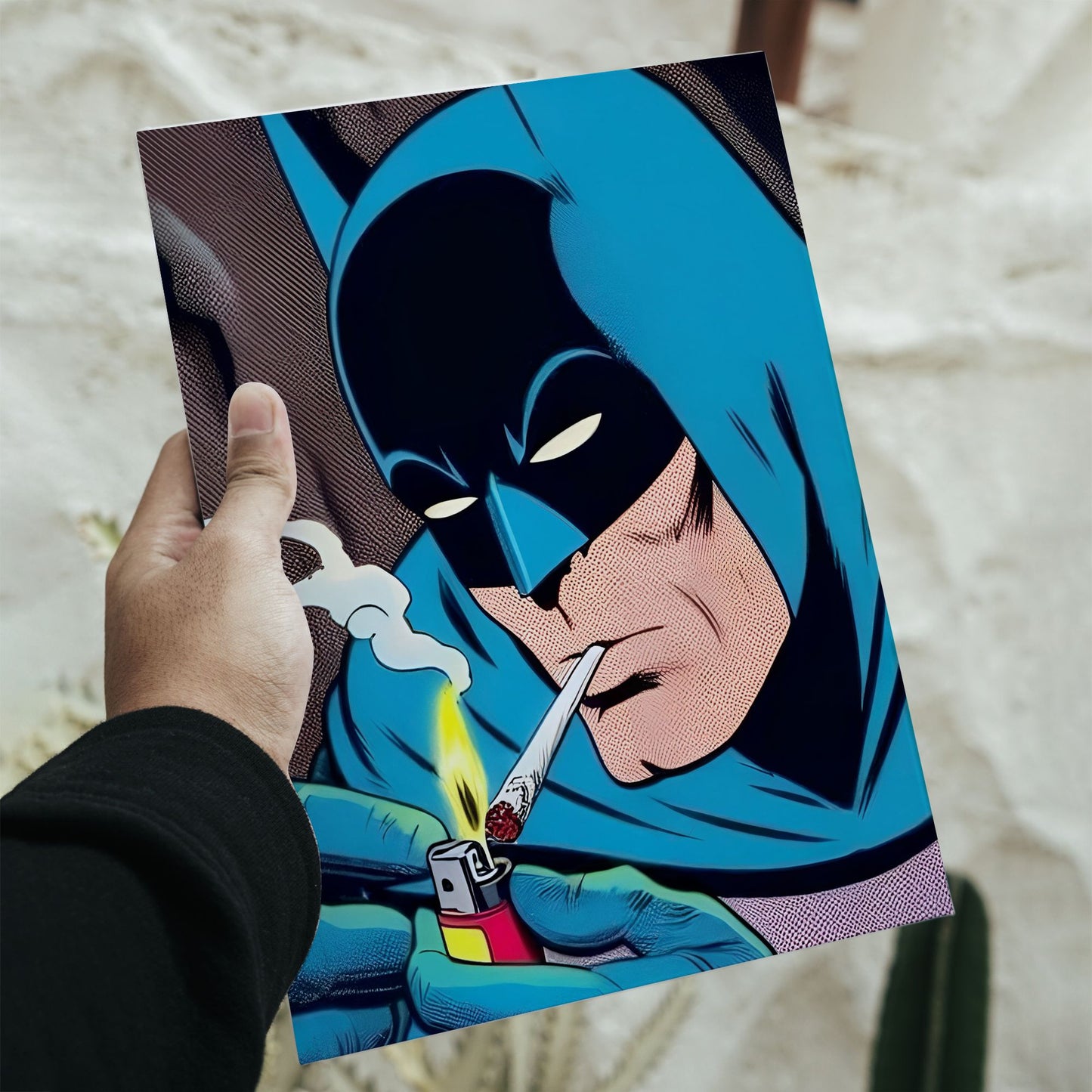 Retro Batman comic art poster of the Caped Crusader lighting a cigarette with dimensions 11.7 by 16.5 inches.