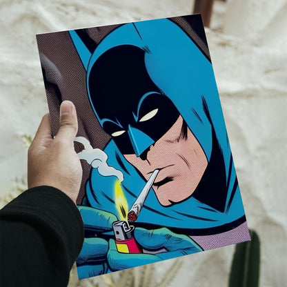 Retro Batman comic art poster of the Caped Crusader lighting a cigarette with dimensions 11.7 by 16.5 inches.