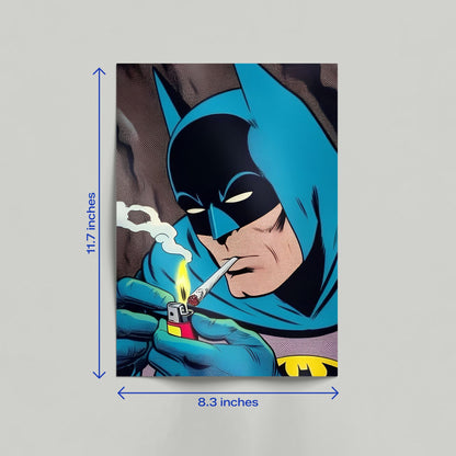 Retro Batman smoking comic style art poster displayed as a canvas print leaning against a room wall.