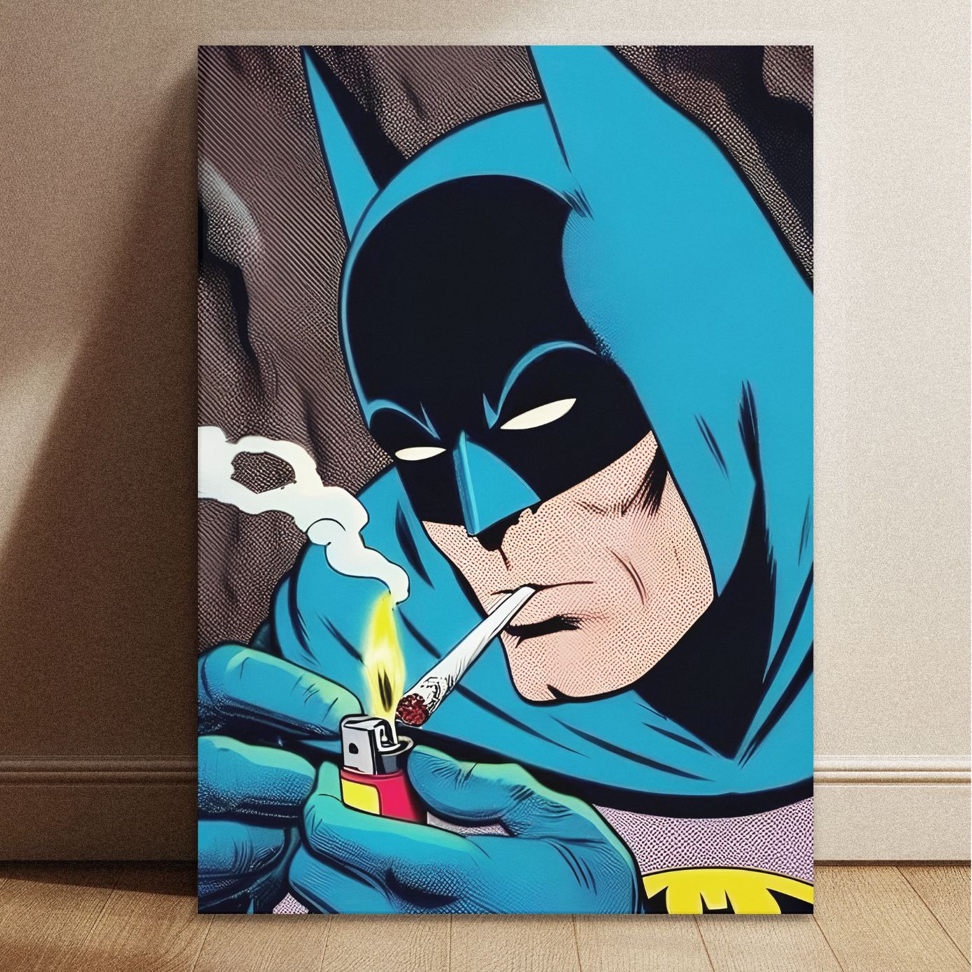 Vintage Batman smoking a cigarette comic style wall art print with dimensions 8.3 by 11.7 inches.