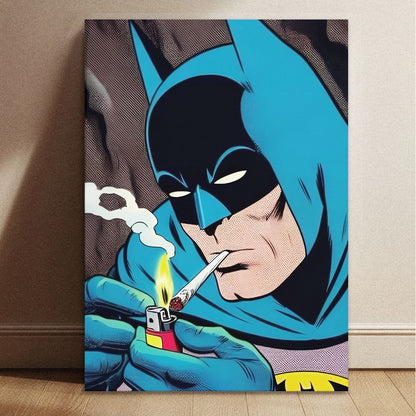 Vintage Batman smoking a cigarette comic style wall art print with dimensions 8.3 by 11.7 inches.