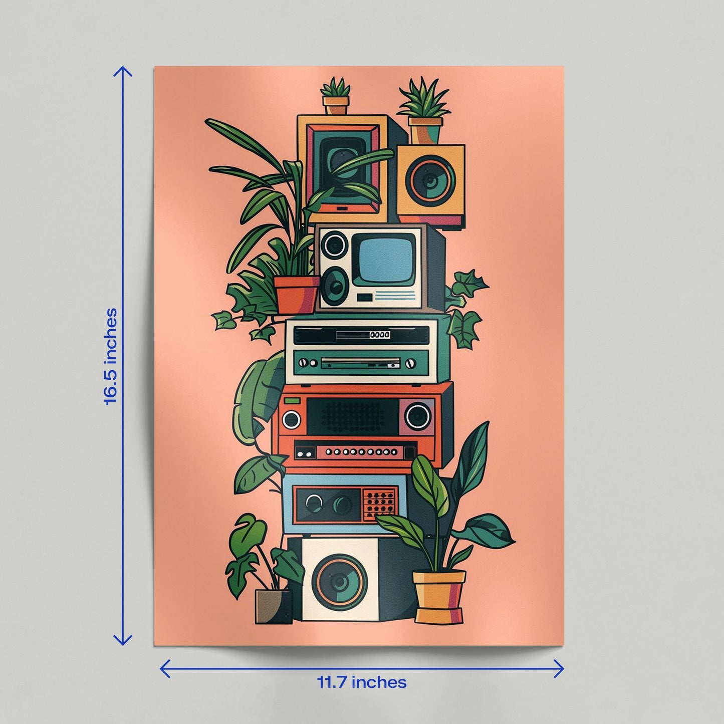 A person holding a retro electronics art poster featuring a vertical stack of vintage speakers and televisions intertwined with vines.