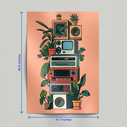 A person holding a retro electronics art poster featuring a vertical stack of vintage speakers and televisions intertwined with vines.