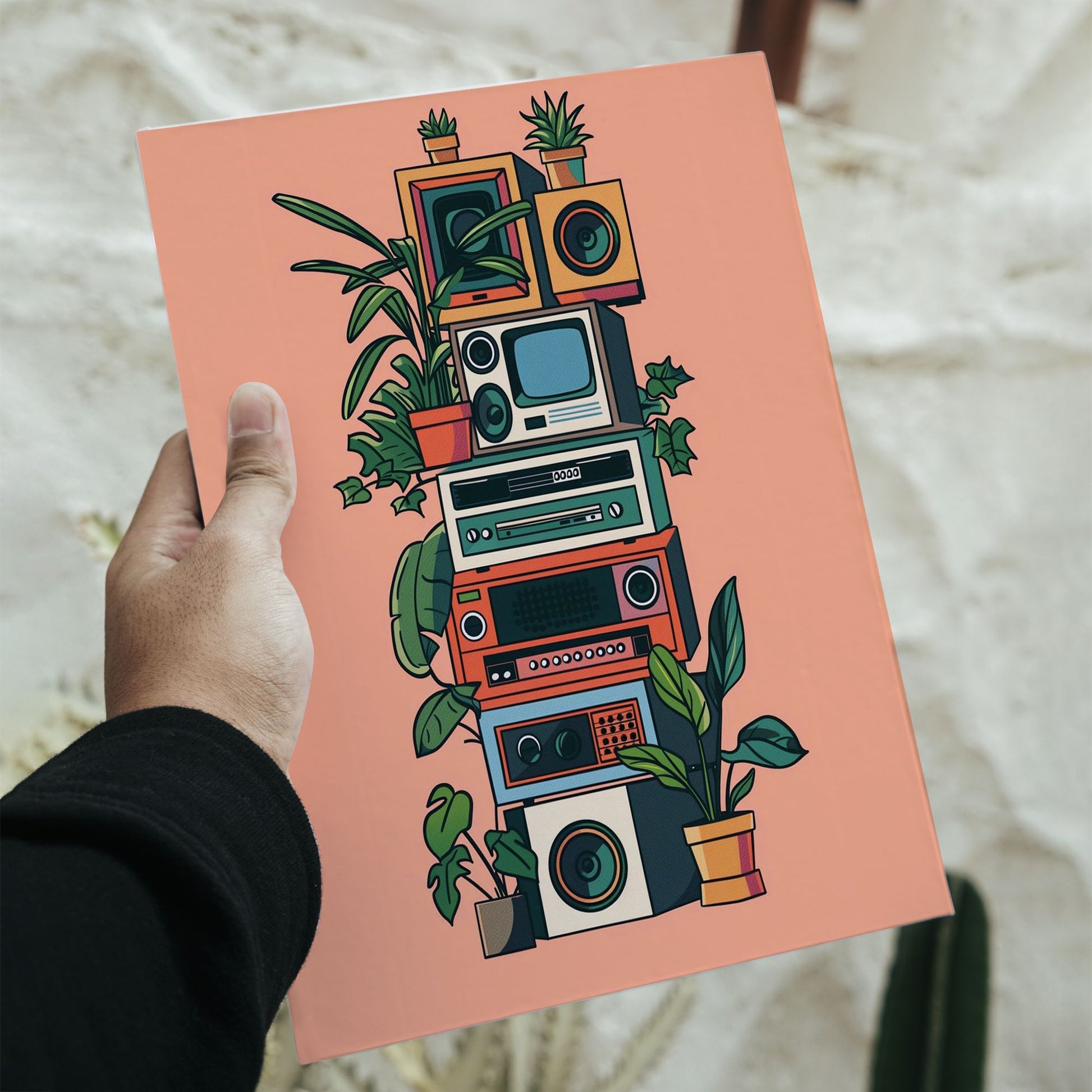 Retro electronics and plants art poster in 11.7 by 16.5 inch dimensions featuring a colorful stack of vintage TVs and radios.
