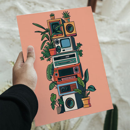Retro electronics and plants art poster in 11.7 by 16.5 inch dimensions featuring a colorful stack of vintage TVs and radios.