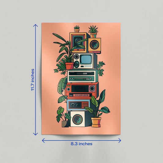 Retro electronics and plants canvas print displayed on a wall featuring a stylized illustration of vintage audio and visual gear.