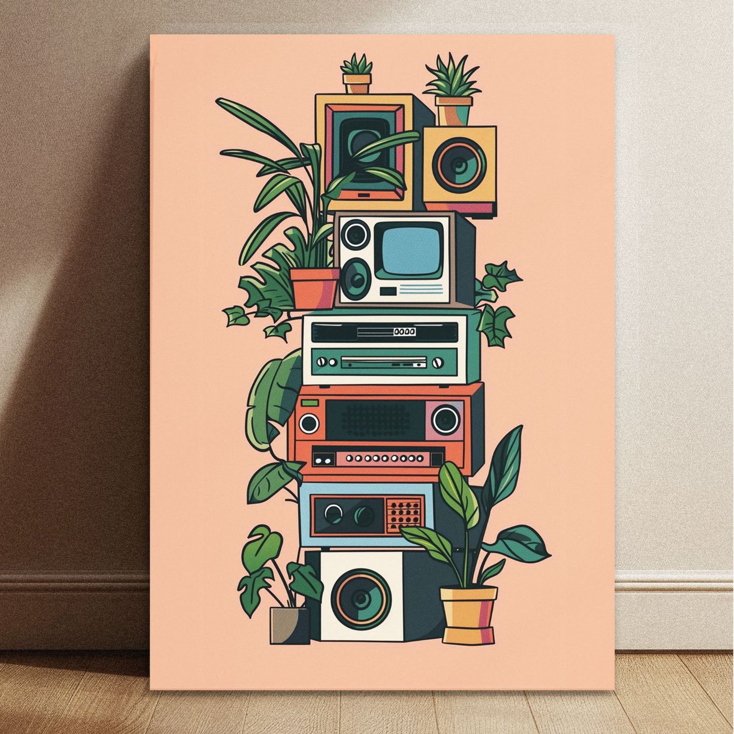 Retro electronics and house plants poster in 8.3 by 11.7 inch dimensions with a peach background and mid-century aesthetic.