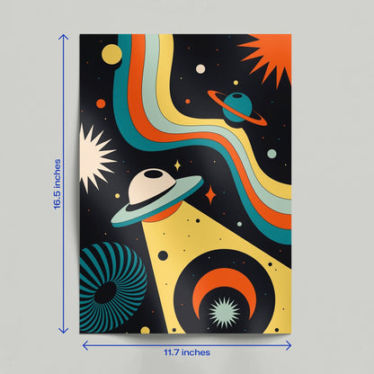 Vintage style cosmic poster with a UFO and rainbow waves leaning against a wall in a home setting.