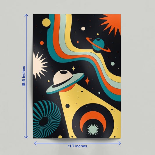 Vintage style cosmic poster with a UFO and rainbow waves leaning against a wall in a home setting.