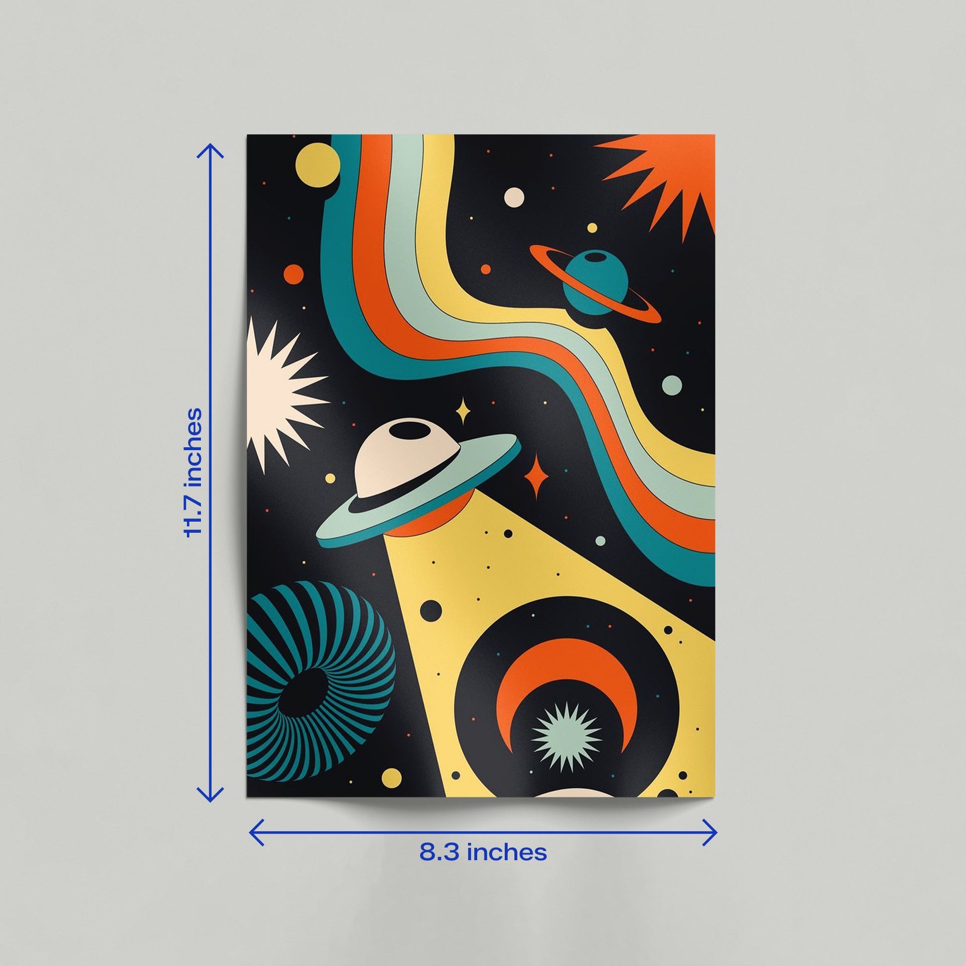 Large 11.7 by 16.5 inch retro space poster featuring a UFO beam and psychedelic cosmic patterns.