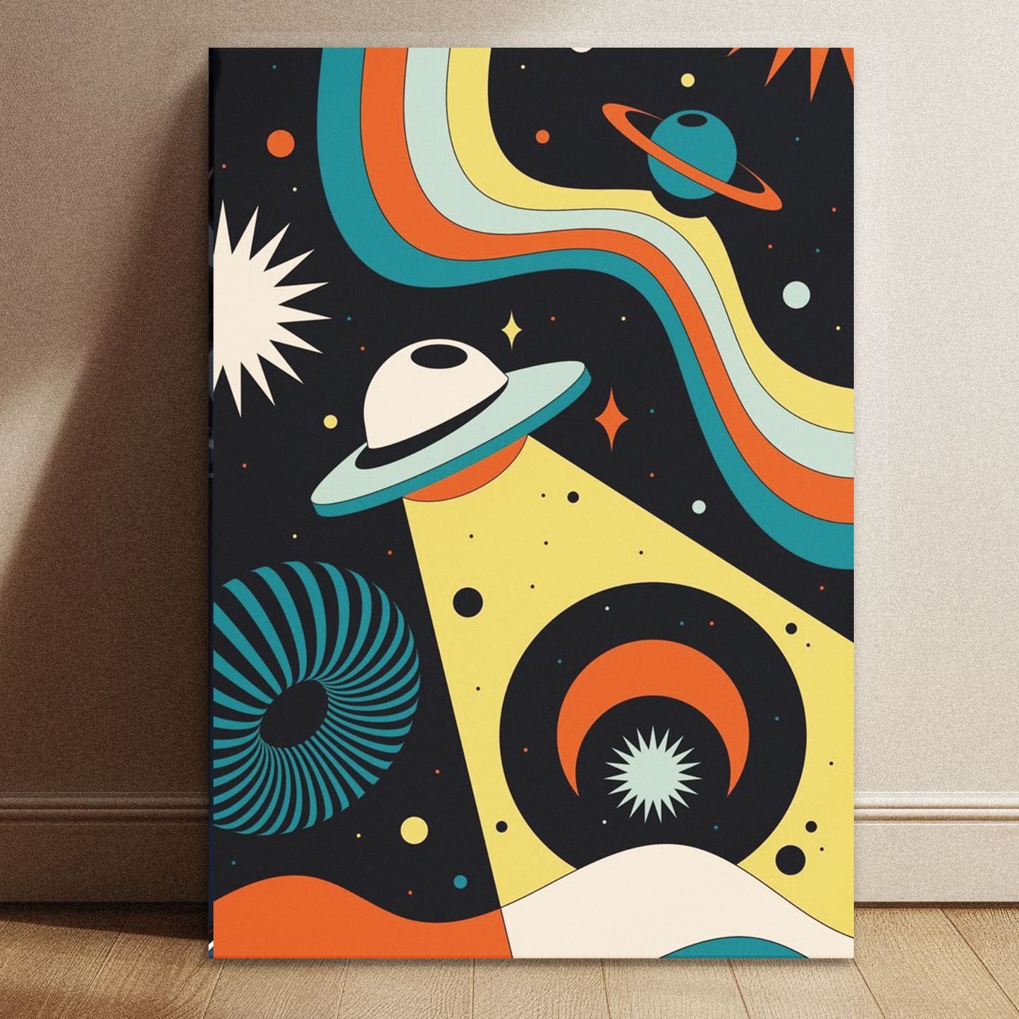 Hand holding a retro UFO and cosmic waves art print against a blurred outdoor background.