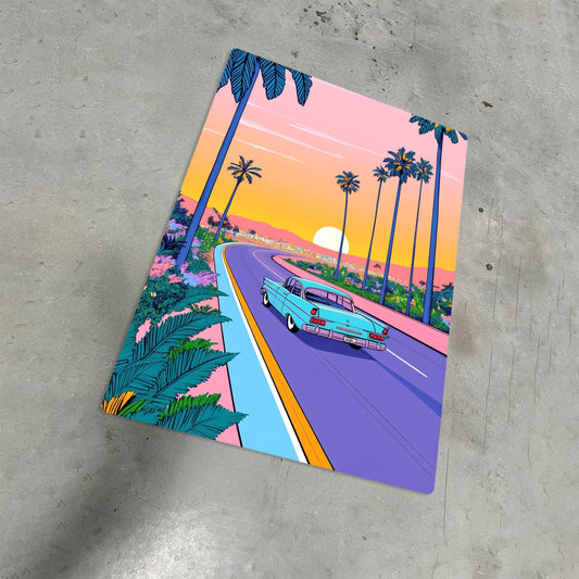Vaporwave metal poster featuring a retro 50s teal car driving on a coastal road at sunset with palm trees.