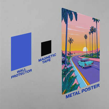 Easy wall mounting kit for metal posters including a blue wall protector and black magnetic adhesive tape.