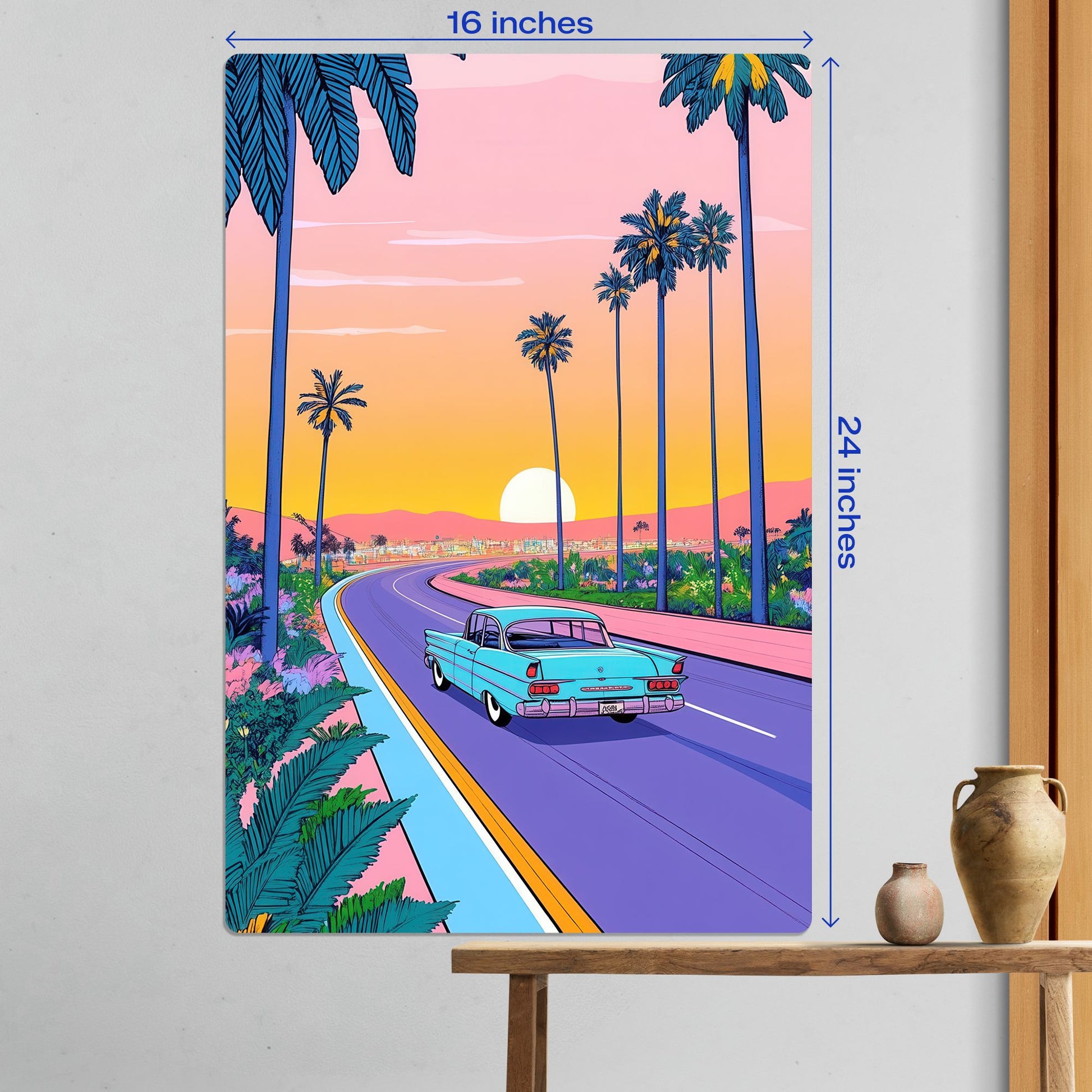 Large 16 by 24 inch retro vaporwave metal poster displayed on a white wall above a wooden table.