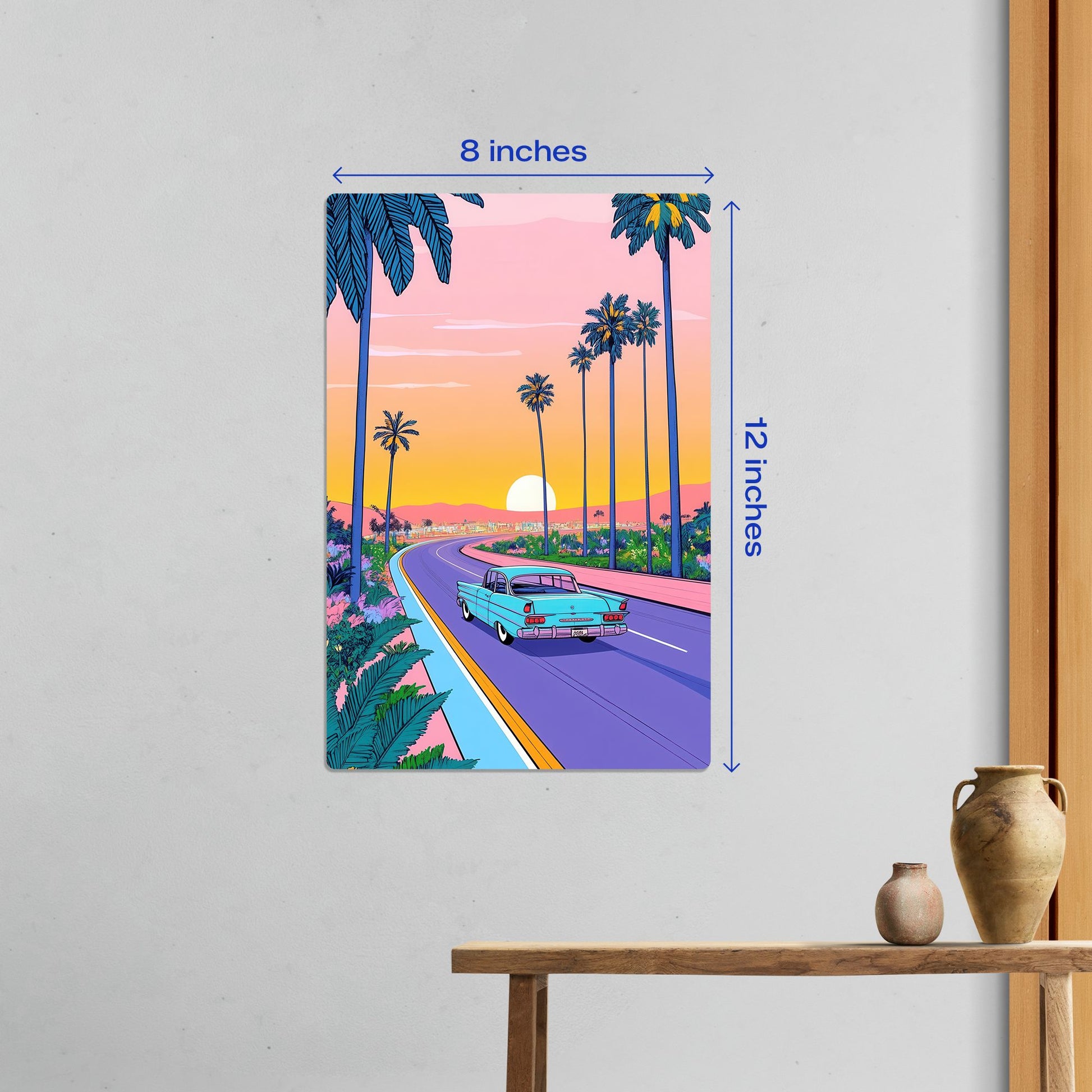 Small 8 by 12 inch vintage style metal poster featuring a 50s car and palm trees for compact wall decor.
