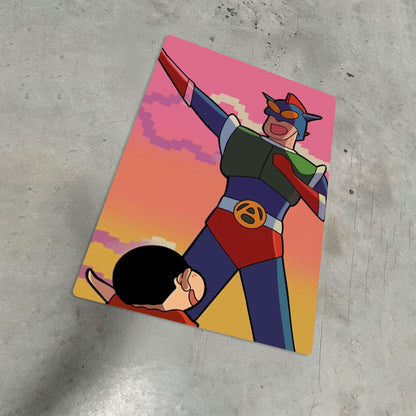 Shin Chan and Action Mask anime metal poster with vibrant colors featuring the iconic characters against a sunset sky background.