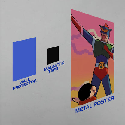 Installation guide for the anime metal poster showing the wall protector and magnetic tape mounting system for easy setup.