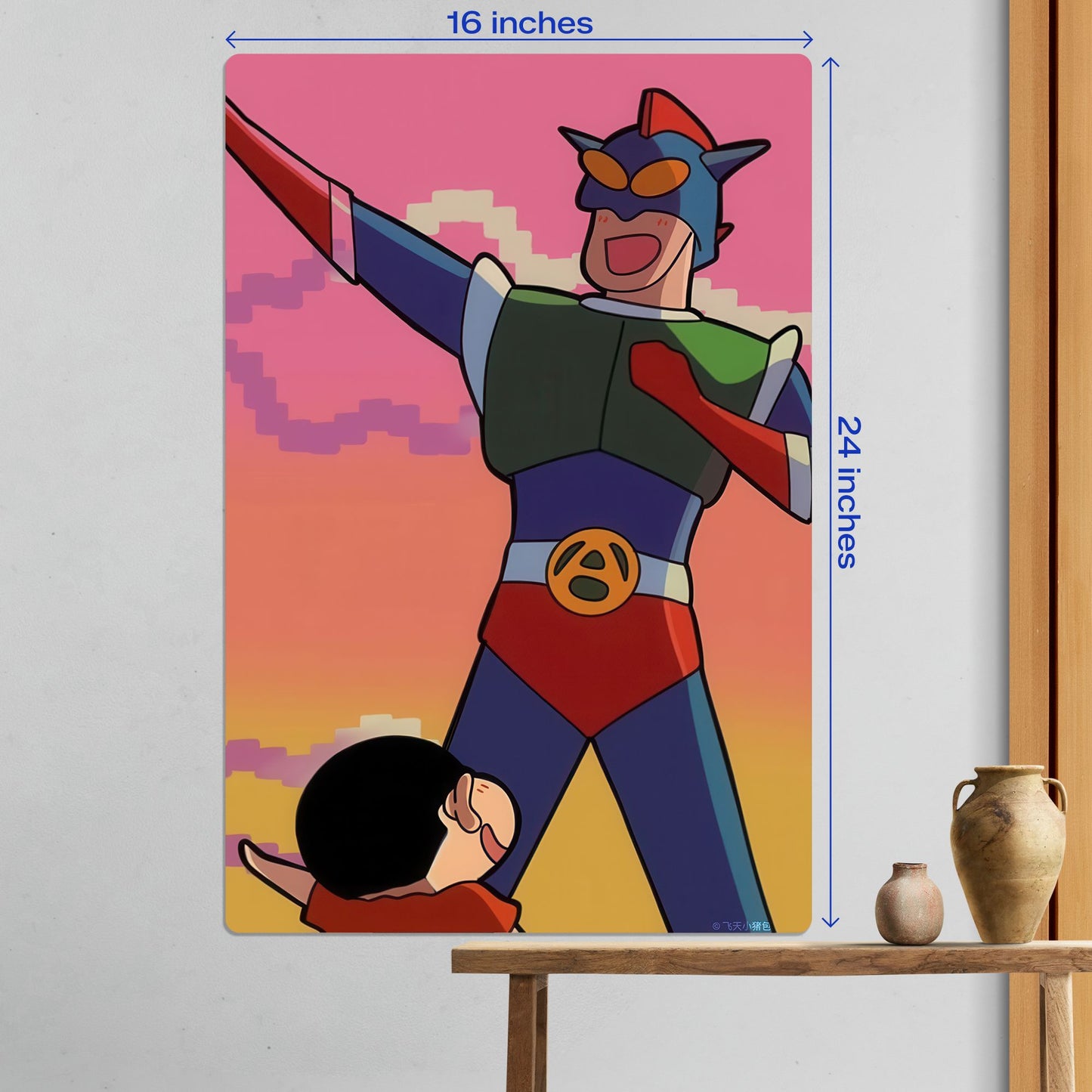 Large size Shin Chan Action Mask anime metal poster measuring 16 inches by 24 inches displayed on a wall above a wooden table.