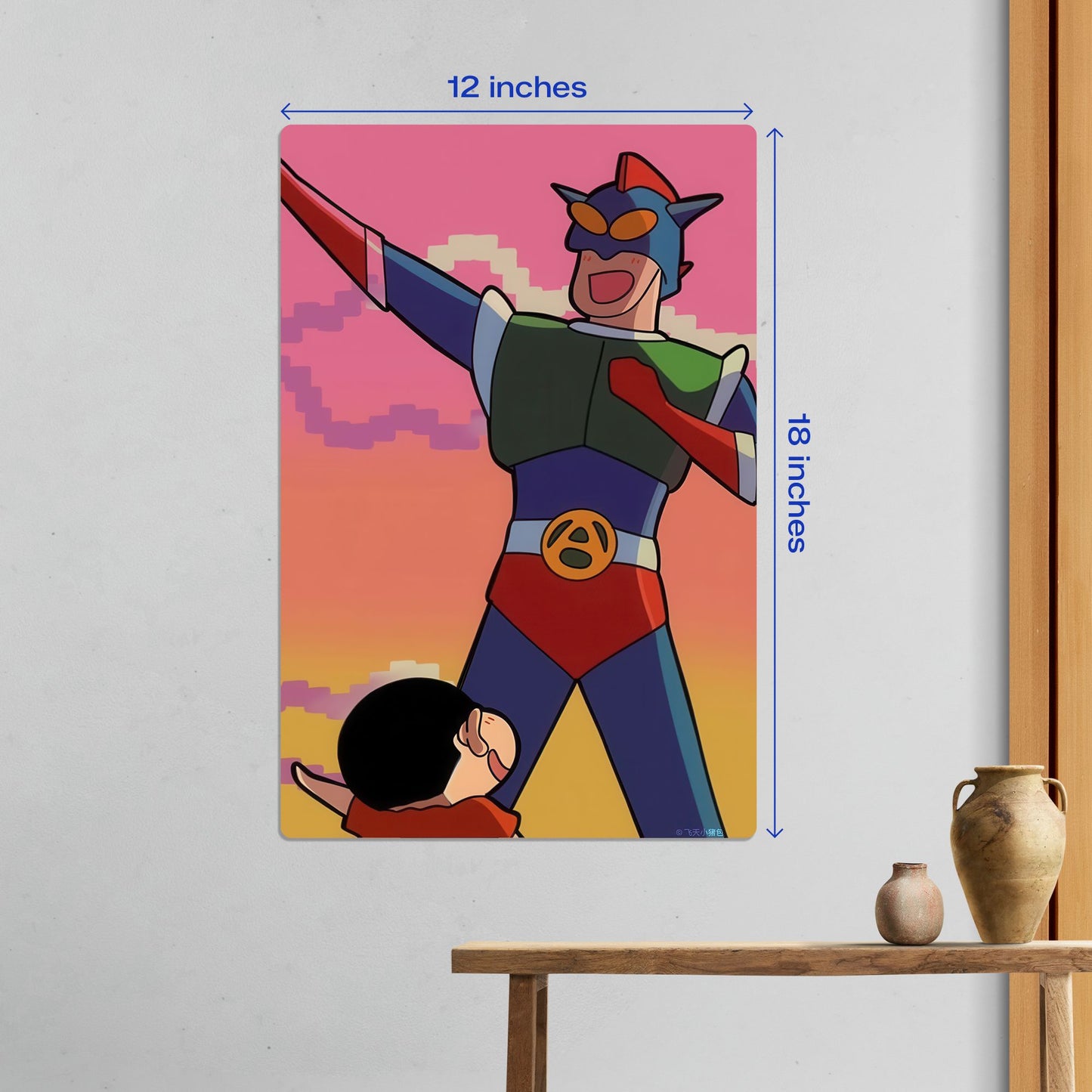 Medium size Shin Chan Action Mask anime metal poster measuring 12 inches by 18 inches displayed on a wall above a wooden table.