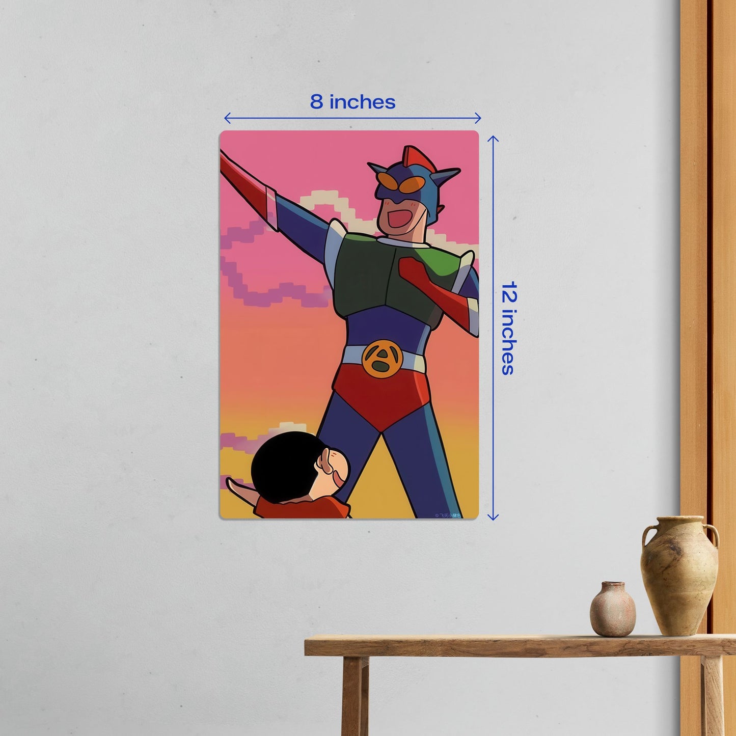 Small size Shin Chan Action Mask anime metal poster measuring 8 inches by 12 inches displayed on a wall above a wooden table.